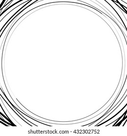 Irregular / asymmetric radiating circular abstract geometric element. Monochrome vector illustration. Radial rings, lines