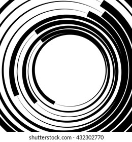 Irregular / asymmetric radiating circular abstract geometric element. Monochrome vector illustration. Radial rings, lines