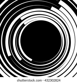 Irregular / asymmetric radiating circular abstract geometric element. Monochrome vector illustration. Radial rings, lines