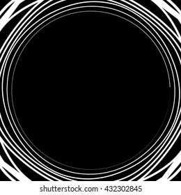Irregular / asymmetric radiating circular abstract geometric element. Monochrome vector illustration. Radial rings, lines