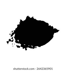 Mancha irregular de tinta preta sobre um fundo branco. O borrão tem uma borda áspera e texturizada com pedaços menores. A forma geral é assimétrica e orgânica.