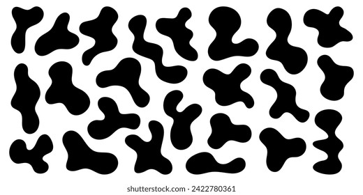 Irregular black wavy blobs. Set of abstract black organic shaped blobs elements. Black silhouette liquid shapes isolated on white background. Black blotch irregular form vector illustration..