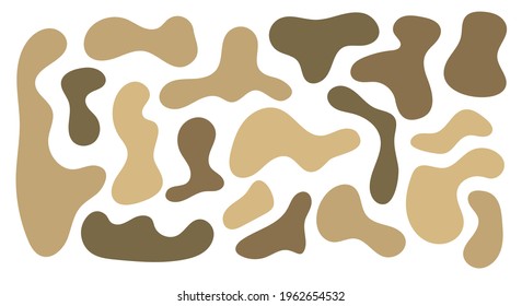 Blob irregular, conjunto de formas orgánicas abstractas. Manchas aleatorias irregulares en el suelo marrón. Huevos amorfo líquido simple. Diseños mínimos de moda para presentaciones, pancartas, afiches y folletos