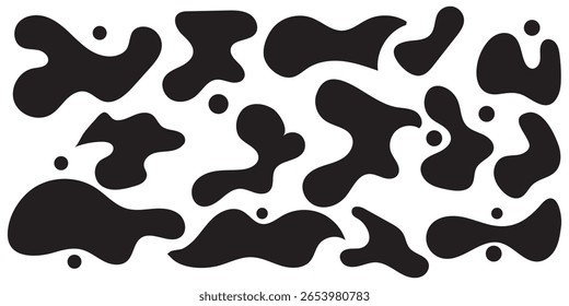 Unregelmäßiger Klecks, Satz abstrakter organischer Formen. Abstrakte unregelmäßige zufällige Blobs. Einfaches amorphes Flüssigkeitsplantat. Trendy minimale Designs für Präsentationen, Banner, Poster und Flyer.