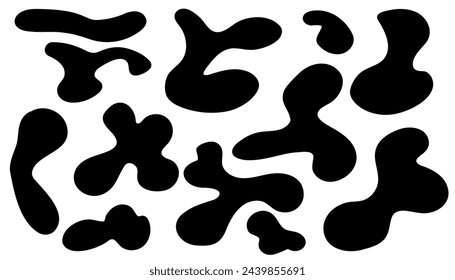 Elementos negros asimétricos de forma irregular. Conjunto de ilustración vectorial. Ameba
