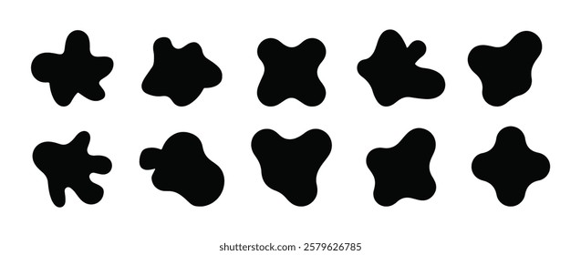 Irregular blob shape set. Abstract forms for design and paint. Liquid silhouette drop in modern style. Basic stains isolated elements on white background