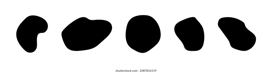 Irregular blob shapes organic. Random spotting, ink blotch. Abstract forms for design, paints. Pebbles, spot, stone silhouette. Liquid drop. Basic stains, simple round, smooth shapes. Flat badge icon.