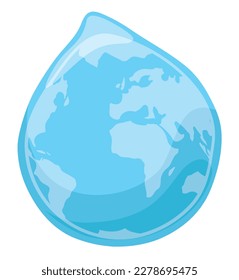 Irregular blue water drop with distorted globe inside it. Design in cartoon style over white background.