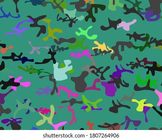 Irregular Camo Stain. Colored Liquid Texture. Urban Camo Spray. Aqua Dirty Canvas. Party Camouflage Seamless India. Abstract Vector Psychodelic. Multi Bright Pattern. Flat Repeat Festival Camoflage