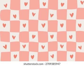 Irregular checker grid with scattered heart shapes in flat hand-drawn style. Wavy squares and doodle hearts create a cozy pattern repeat. Cartoon vector illustration