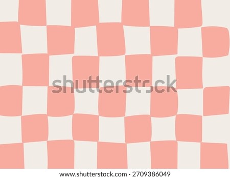 Irregular checkerboard tiles form a hand-drawn grid with soft edges and subtle warp. Curved square blocks create a ripple grid effect with organic geometry. Cartoon vector illustration