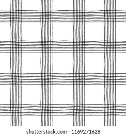 Irregular Checkered Plaid Pattern. Seamless hand drawn background. Trendy tartan print. Black and white grunge illustration