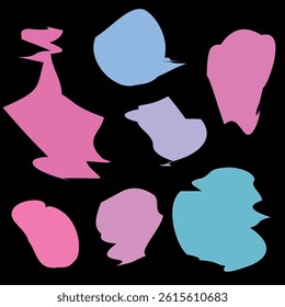 Irregular color blobs on solid black background. Painterly shapes resembles color splash. Playful abstract with organic forms. Minimalist visual. For digital prints, modern decor, graphic elements.