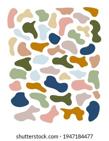 Irregular color spots, blotch, inkblot. Organic shapes. Specks, flecks graphic. Drops of liquid, pebble, stone silhouette. Ink basic simple random smooth form vector illustration