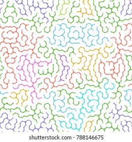 Irregular colorfull seamless pattern. Tileable abstract maze design. Labyrinth backround, vector illustration.