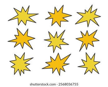 Irregular comic star shapes set. Abstract simple pop art Funky groovy sparks. Hand drawn Doodle Stars isolated on white background. Starburst explosion icon sticker for design