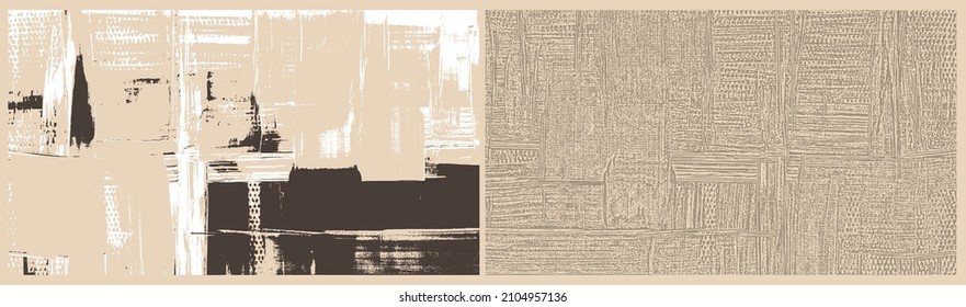 Unregelmäßiges Kreuzbrüten von Sepia Schlagstöcken auf Leinwand. Ölfarbstoff-Textur-Set. Abstrakte, grungenhafte Hintergründe, hellhandgezeichnet, einfarbiges Muster