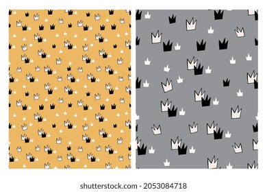 Irregular Crown Seamless Pattern. Brown and Gray Doodle Print, Hand Drawn Sketchy Crowns Fabric, Delicate King Wrapping, Princess Tile