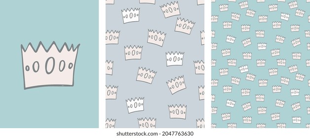 Irregular Crown Seamless Pattern. Pale Green and Gray Doodle Print, Hand Drawn Sketchy Crowns Fabric, Delicate King Wrapping, Princess Tile