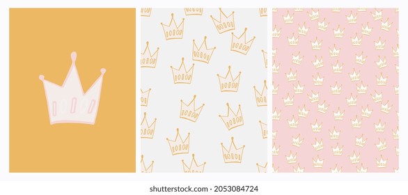 Patrón Irregular de la Corona sin Marea. Impresión de garabatos rosa y beige pálido, tela de coronas esbosas dibujadas a mano, envuelto de rey delicado, mosaico de princesa
