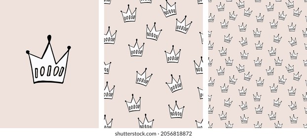 Irregular Crown Seamless Pattern. Pale Pink and Beige Doodle Print, Hand Drawn Sketchy Crowns Fabric, Delicate King Wrapping, Princess Tile