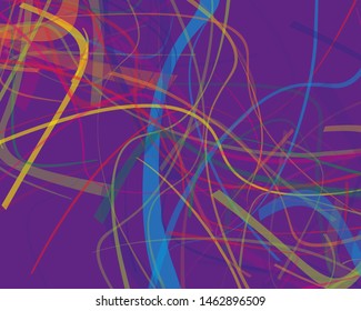Irregular curves, twisted wavy lines of different thickness and transparency. Multicolored dynamic background with chaotic stripes. Vector illustration