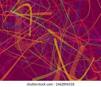 Irregular curves, twisted wavy lines of different thickness and transparency. Multicolored dynamic background with chaotic stripes. Vector illustration