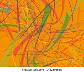 Irregular curves, twisted wavy lines of different thickness and transparency. Multicolored dynamic background with chaotic stripes. Vector illustration