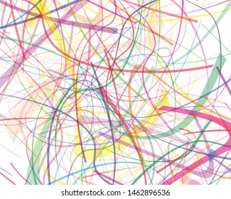 Irregular curves, twisted wavy lines of different thickness and transparency. Multicolored dynamic background with chaotic stripes. Vector illustration