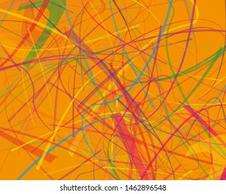 Irregular curves, twisted wavy lines of different thickness and transparency. Multicolored dynamic background with chaotic stripes. Vector illustration
