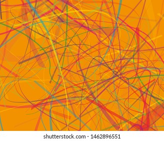 Irregular curves, twisted wavy lines of different thickness and transparency. Multicolored dynamic background with chaotic stripes. Vector illustration