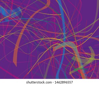 Irregular curves, twisted wavy lines of different thickness and transparency. Multicolored dynamic background with chaotic stripes. Vector illustration