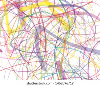 Irregular curves, twisted wavy lines of different thickness and transparency. Multicolored dynamic background with chaotic stripes. Vector illustration