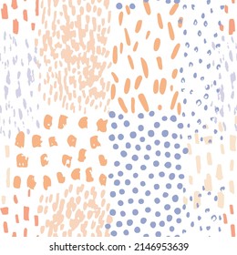 Irregular dashed seamless pattern. Hand drawn doodle textured background. Abstract hand painted dots, spots, lines background. Minimal wallpaper design, fabric, textile print. Vector texture art