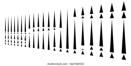 irregular (dashed, segmented) vertical lines in a row. 3d stripes in perspective. vertical straight and parallel lines, strips, streaks abstract pattern, design element