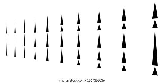 irregular (dashed, segmented) vertical lines in a row. 3d stripes in perspective. vertical straight and parallel lines, strips, streaks abstract pattern, design element