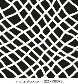 Irregular diagonal lines in grid seamless pattern. Uneven black and white graphic texture. Net vector background