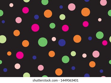 Irregular dot pattern, colorful, red, orange, yellow, green, blue, gray, black, cute and casual, childlike, can be seamlessly connected up and down, left and right, vector art black background.