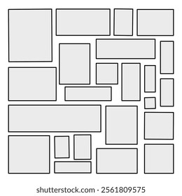 Irregular empty frame composition isolated on transparent background, arrangement of square frames, rectangle template, tile pattern, vector illustration.