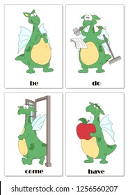 Irregular english verb to do with funny green dragon. Grammar cards for students