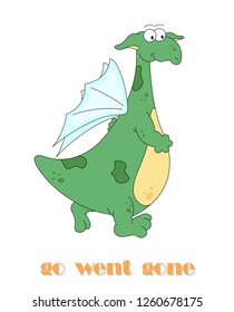 Irregular english verb to go with funny dragon. Grammar cards for students