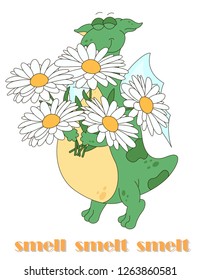 Irregular english verb to smell with funny dragon. Grammar cards for students