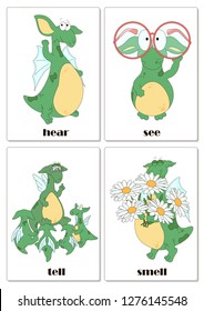 Irregular english verbs hear, see, tell and smell with funny dragon. Grammar cards for students