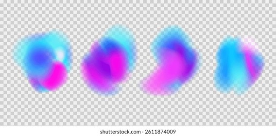 Irregular fluid gradient shapes set. Vector bold organic liquid splashes. Glow bright blobs with translucent forms. Uneven modern y2k figures. Colorful fluorescent blobs with gradation.