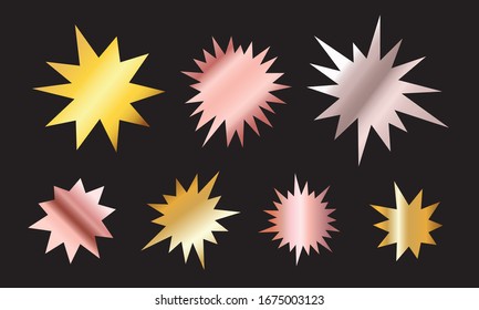 Insignias de arrebato de sol irregulares con gradiente dorado. Starburst metálico aislado para volantes de promoción y publicidad.