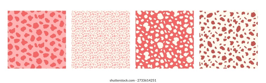 Irregular freeform blobs seamless patterns. Girly red small spots background collection. Free forms dashes texture simple shapes. Camouflage patterns. Vector camo monochrome seamless collection.