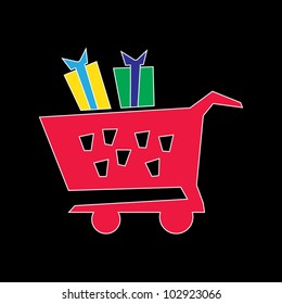 Irregular funny design of shopping cart with presents, artistic vector illustration