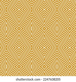 Irregular geometric diamond shape figures with concentric thin white lines on a yellow background. Seamless vector pattern. Stylish texture for textile, wrapping, print, web, and decorative projects.