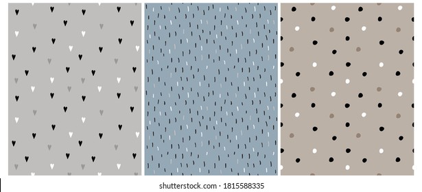 Irregular Geometric Seamless Vector Patterns. White and Black Hand Drawn Spots, Dots and Hearts on a Gray and Pale Blue Background. Cute Infantile Irregular Doodle Print.