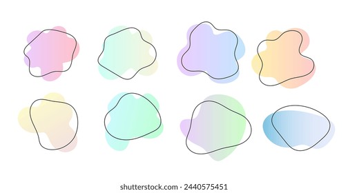 Irregular gradient blob shape asymmetric elements with line. Vector simple pastel illustration frame set.